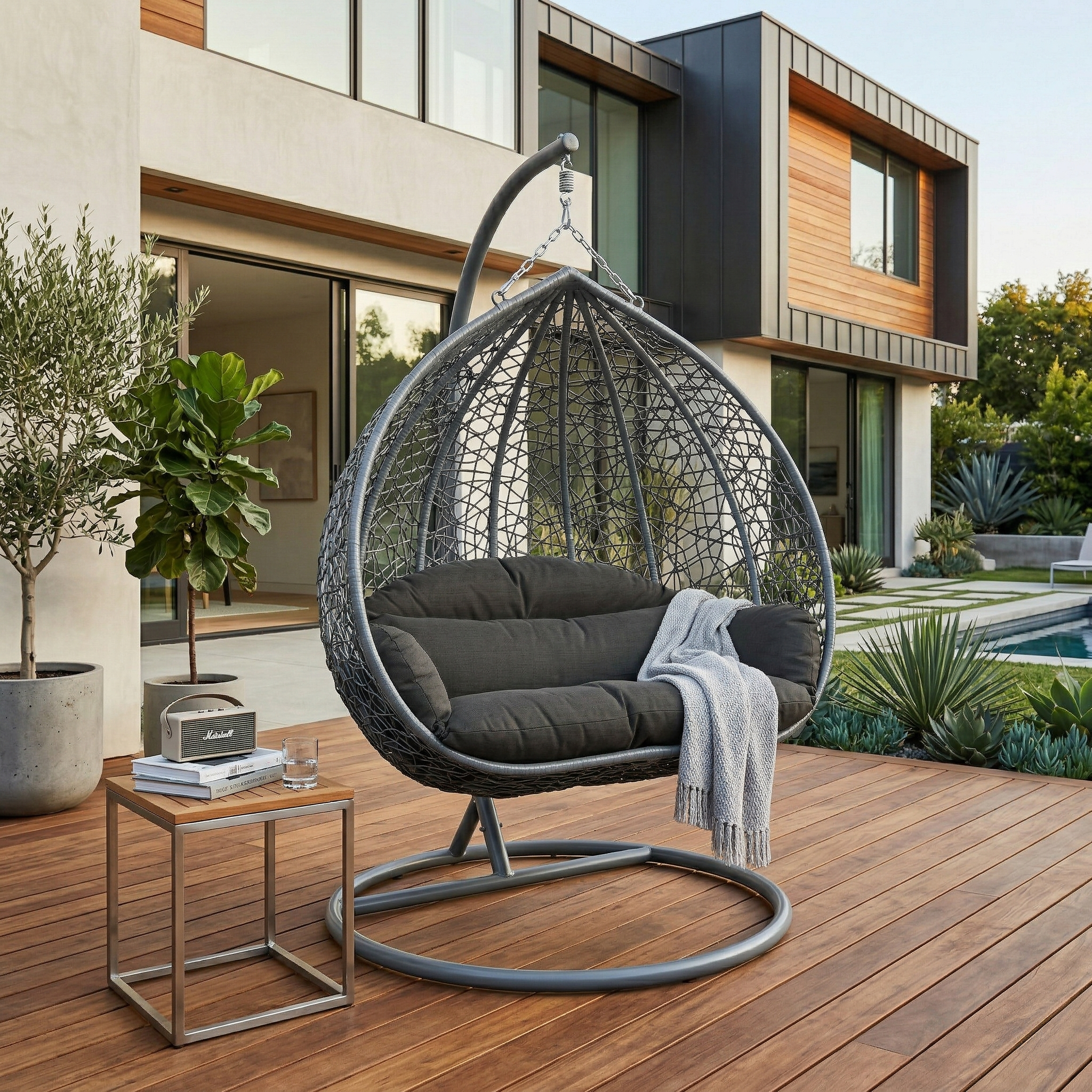 Recluse Modern Outdoor Egg Swing Chair Black/Brown/Grey Frame in Teardrop Design with ES57 Cushion