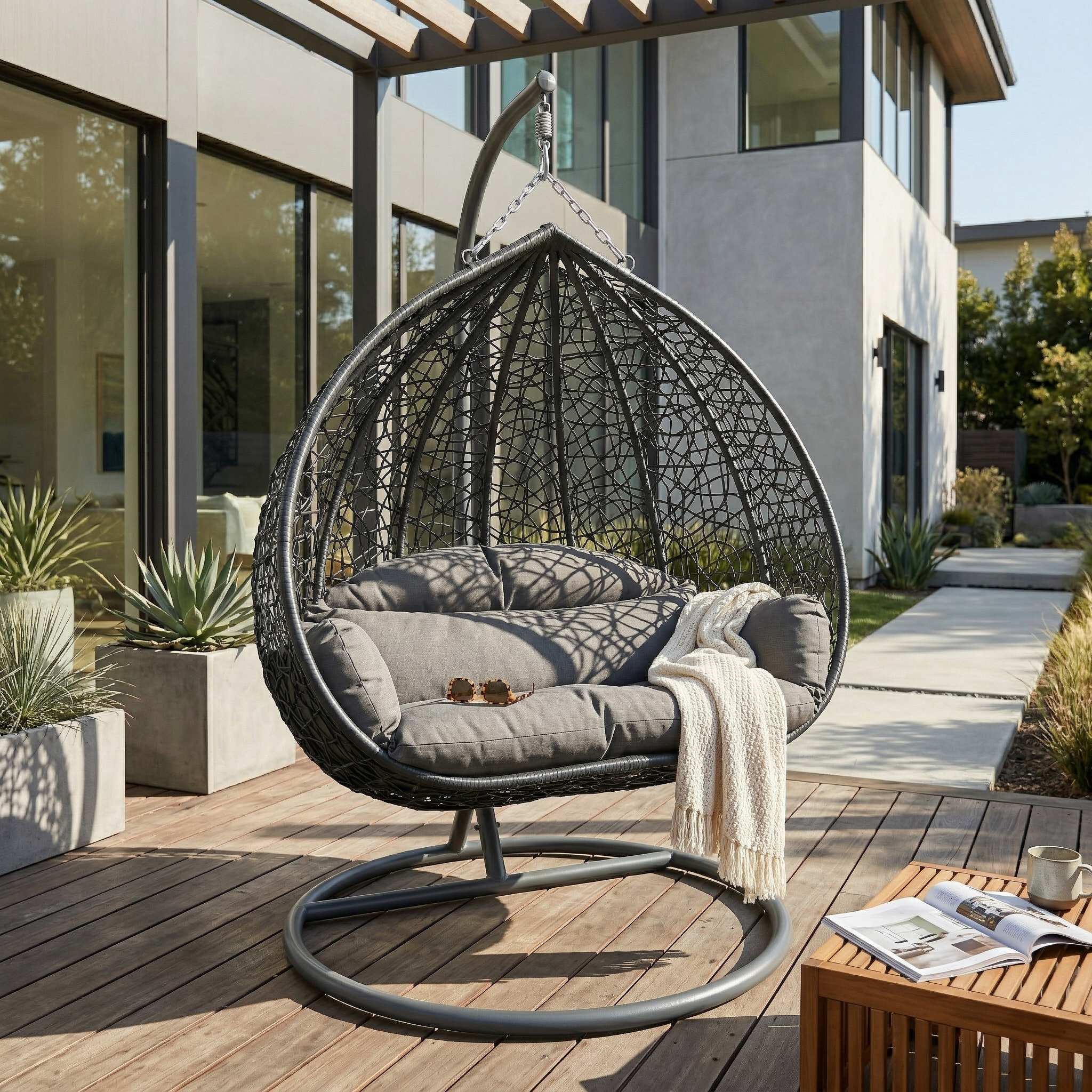 Recluse Modern Outdoor Egg Swing Chair Black/Brown/Grey Frame in Teardrop Design with ES57 Cushion