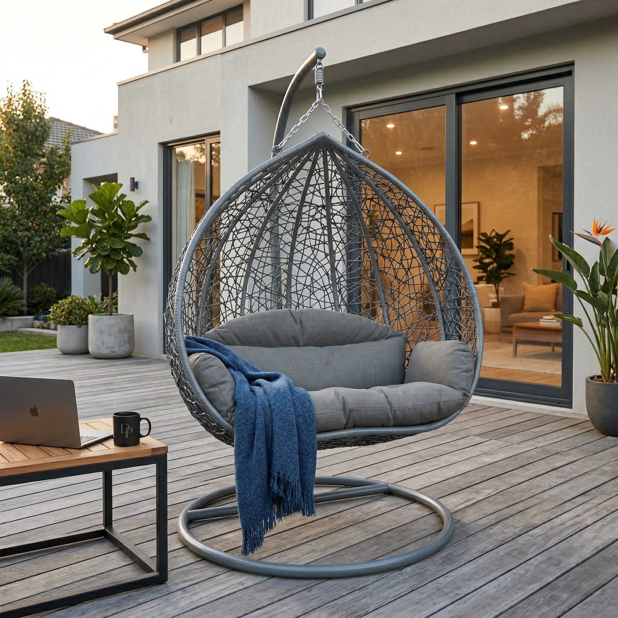 Recluse Modern Outdoor Egg Swing Chair Black/Brown/Grey Frame in Teardrop Design with ES57 Cushion