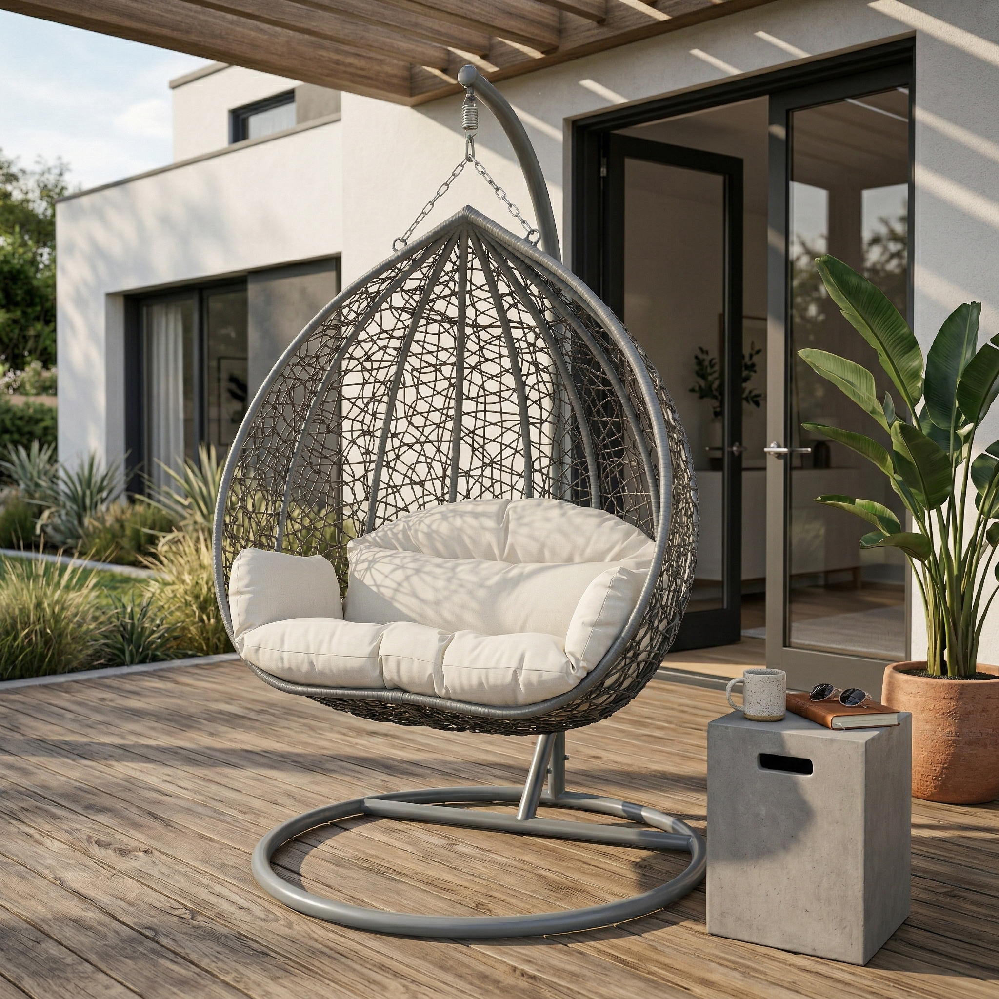 Recluse Modern Outdoor Egg Swing Chair Black/Brown/Grey Frame in Teardrop Design with ES57 Cushion
