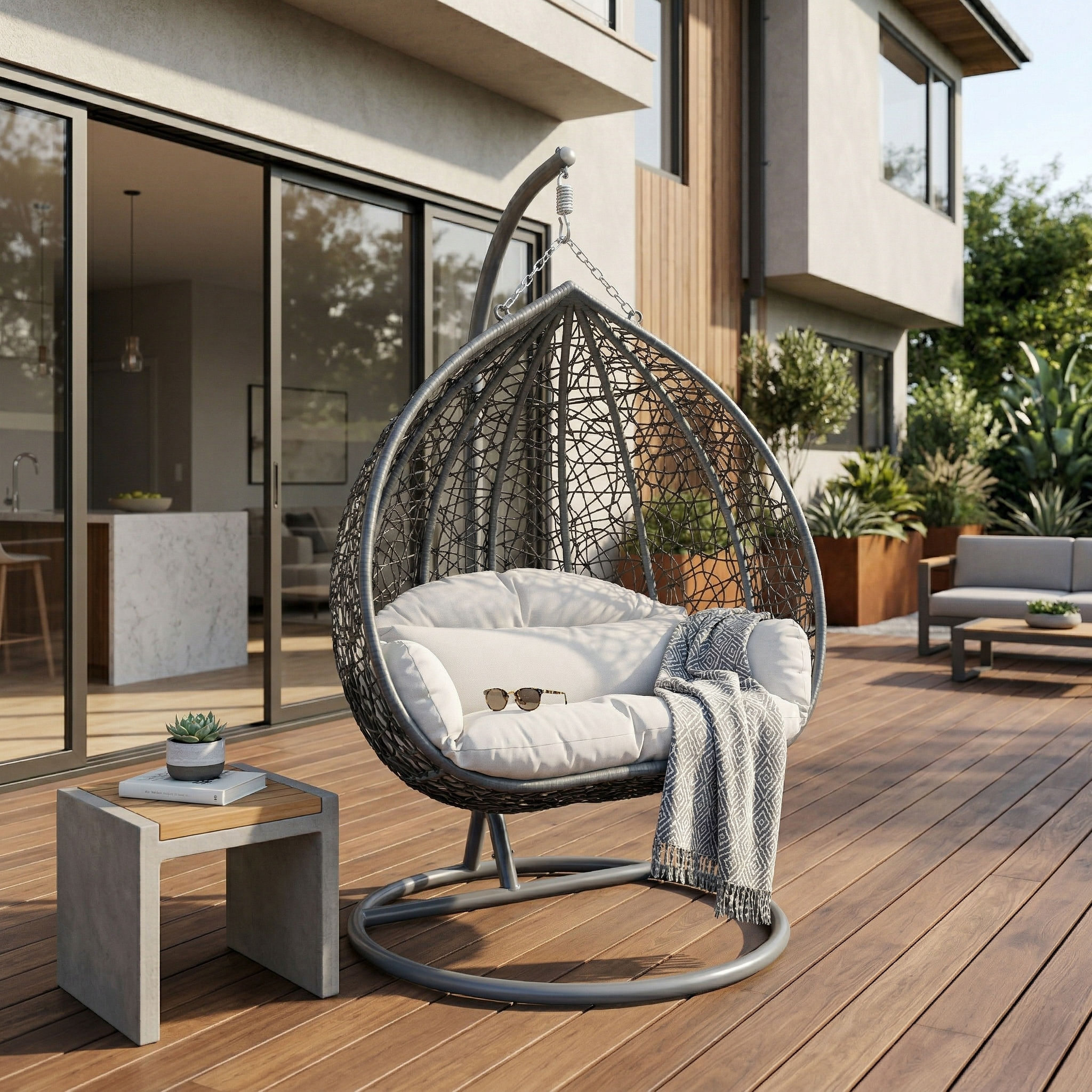 Recluse Modern Outdoor Egg Swing Chair Black/Brown/Grey Frame in Teardrop Design with ES57 Cushion