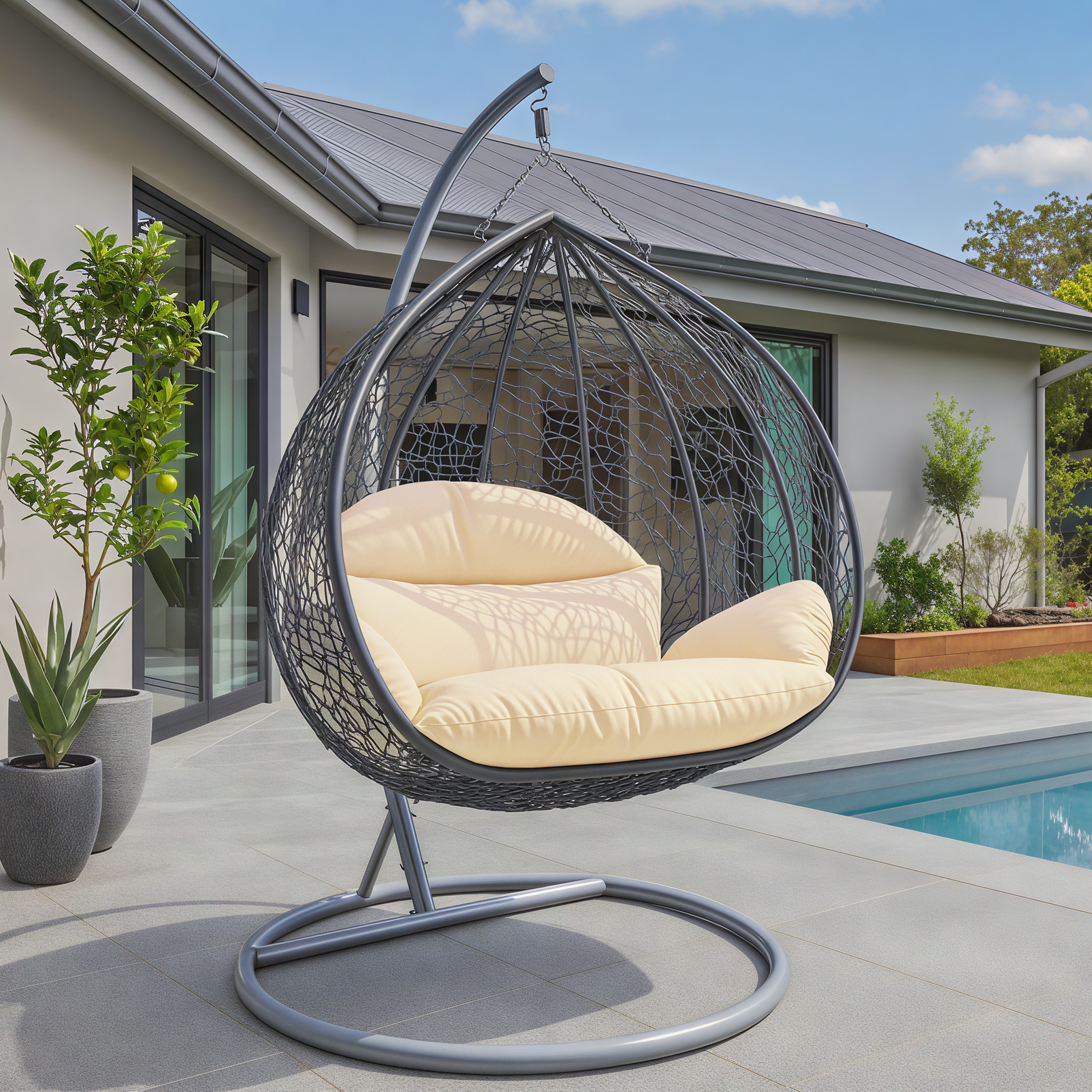 Recluse Modern Outdoor Egg Swing Chair Black/Brown/Grey Frame in Teardrop Design with ES57 Cushion