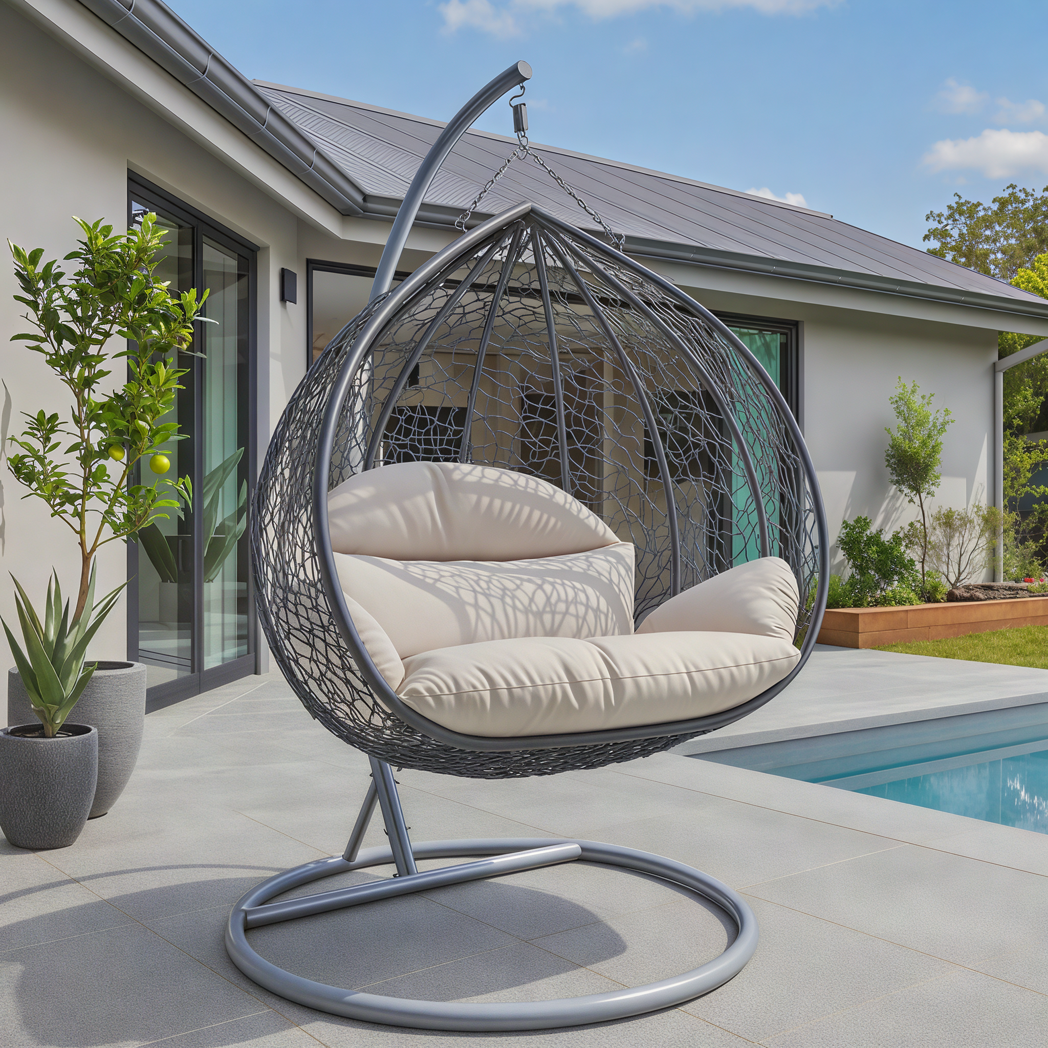 Recluse Modern Outdoor Egg Swing Chair Black/Brown/Grey Frame in Teardrop Design with ES57 Cushion
