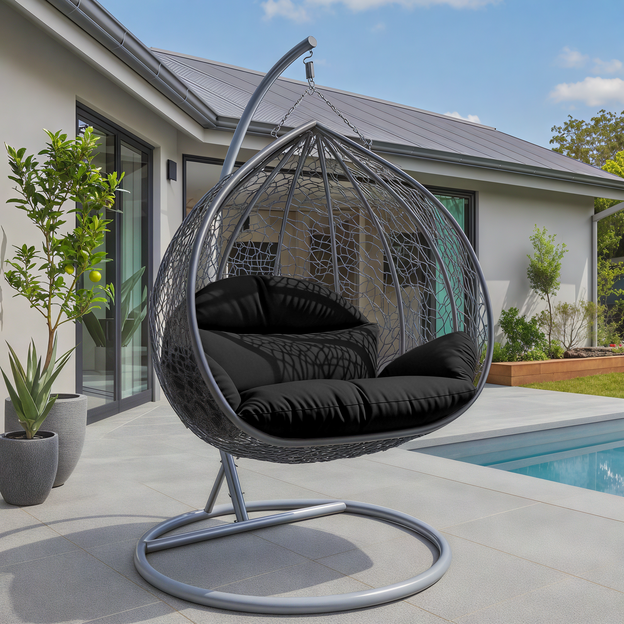 Recluse Modern Outdoor Egg Swing Chair Black/Brown/Grey Frame in Teardrop Design with ES57 Cushion