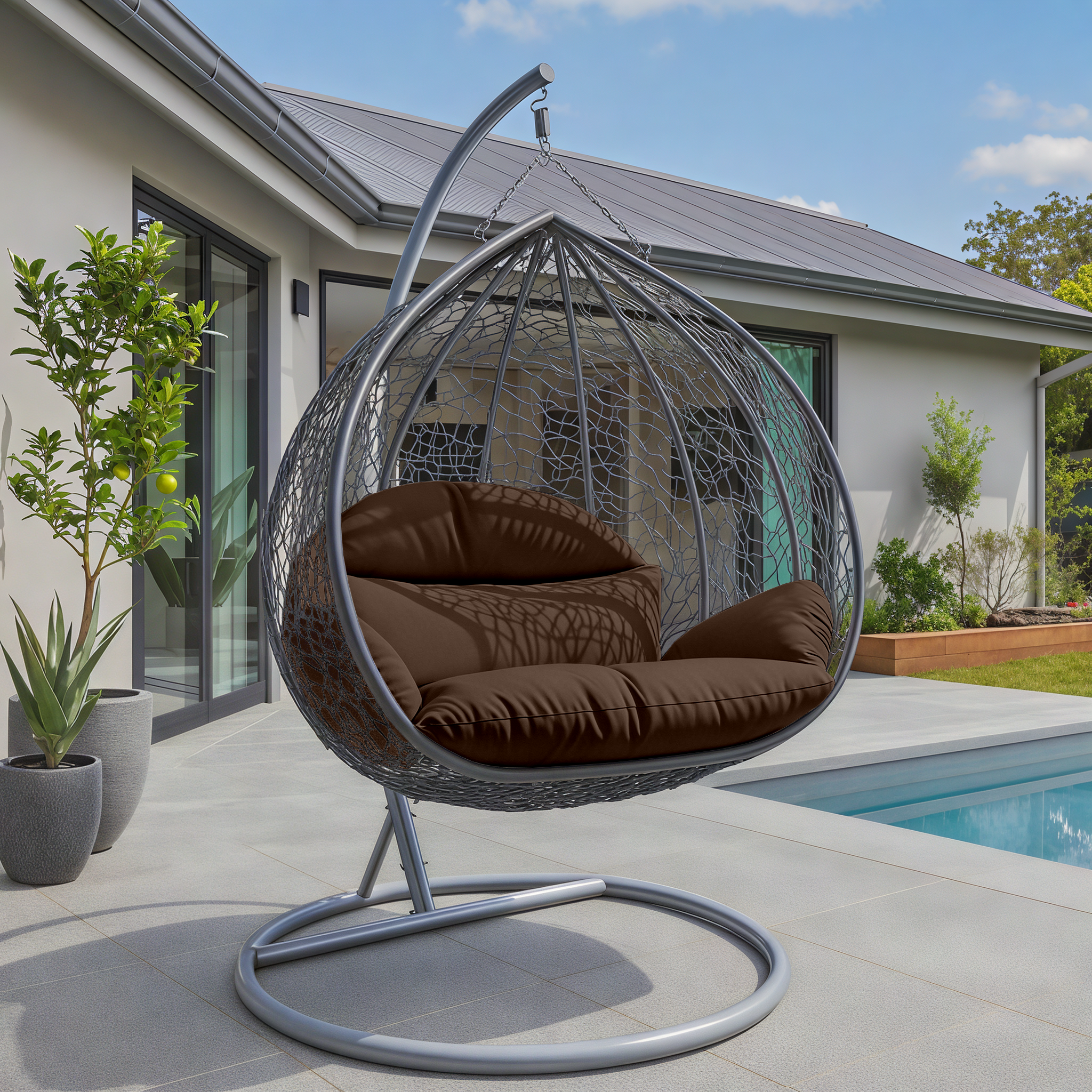 Recluse Modern Outdoor Egg Swing Chair Black/Brown/Grey Frame in Teardrop Design with ES57 Cushion