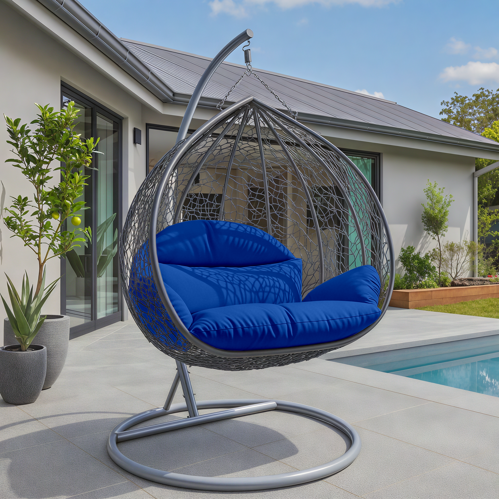 Recluse Modern Outdoor Egg Swing Chair Black/Brown/Grey Frame in Teardrop Design with ES57 Cushion