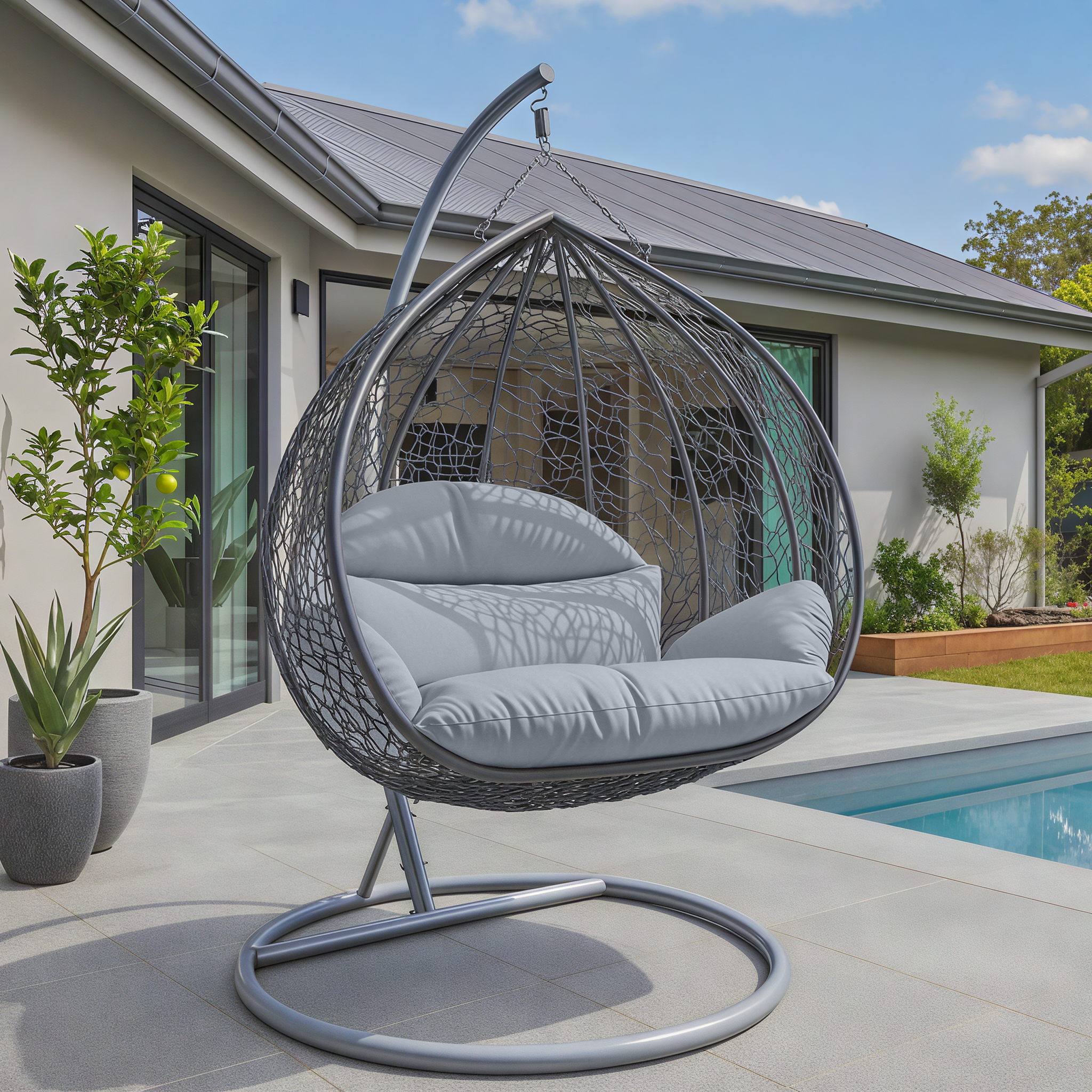 Recluse Modern Outdoor Egg Swing Chair Black/Brown/Grey Frame in Teardrop Design with ES57 Cushion