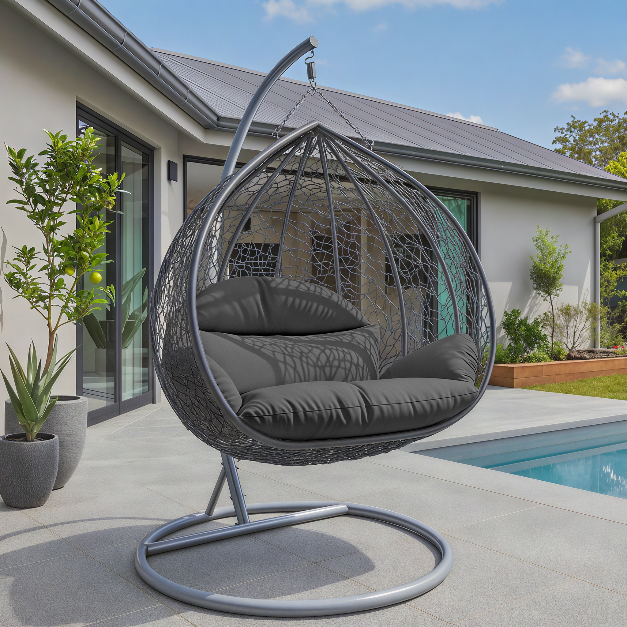 Recluse Modern Outdoor Egg Swing Chair Black/Brown/Grey Frame in Teardrop Design with ES57 Cushion