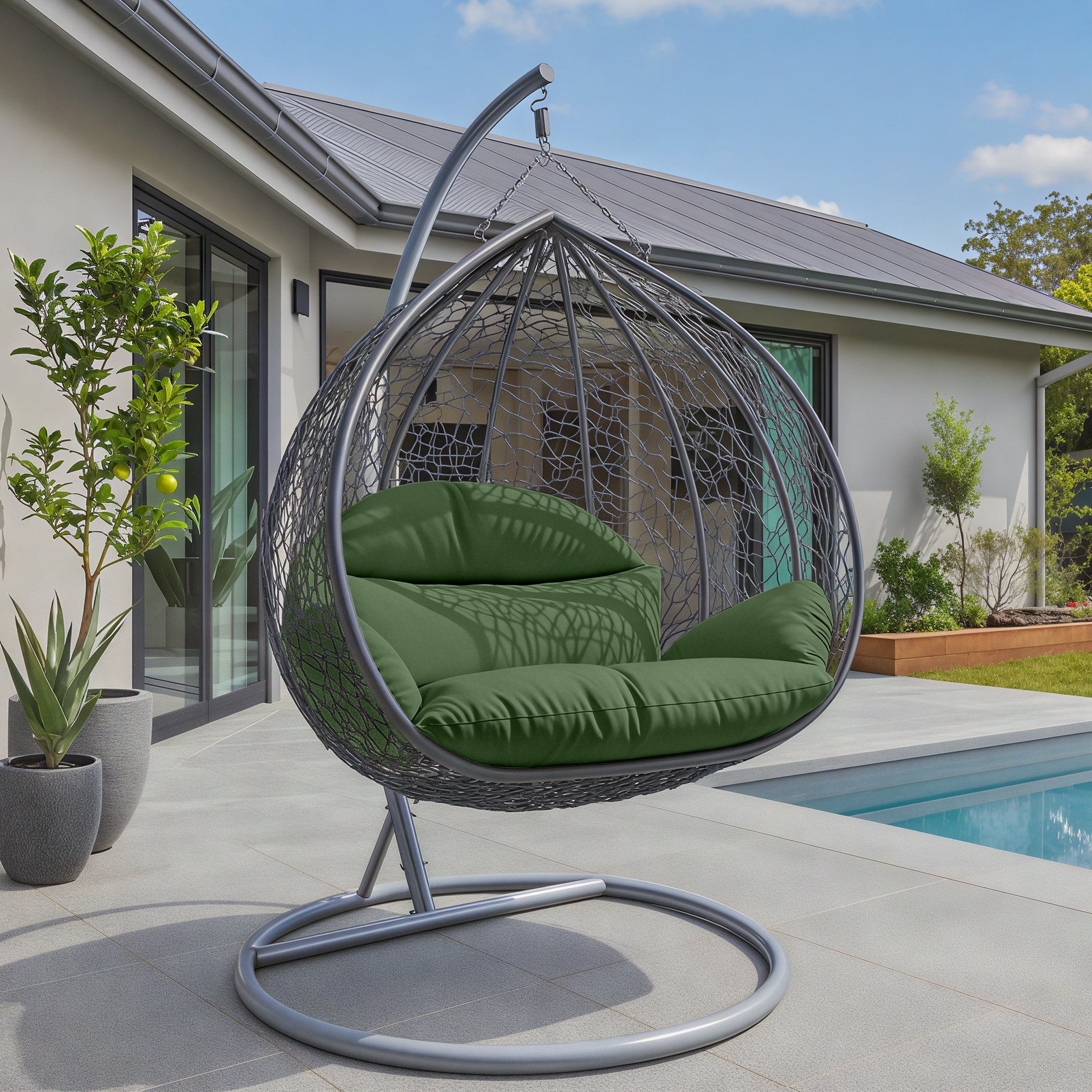Recluse Modern Outdoor Egg Swing Chair Black/Brown/Grey Frame in Teardrop Design with ES57 Cushion