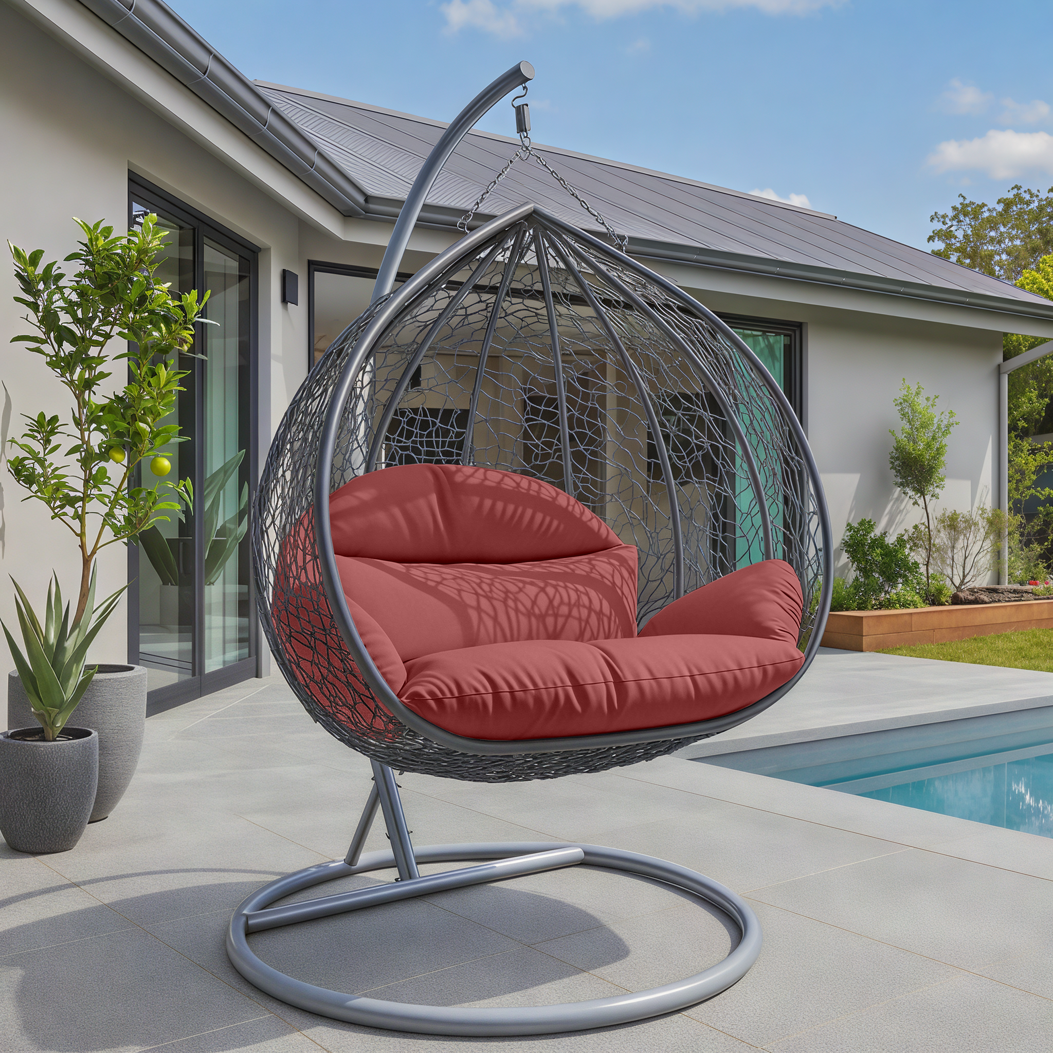 Recluse Modern Outdoor Egg Swing Chair Black/Brown/Grey Frame in Teardrop Design with ES57 Cushion