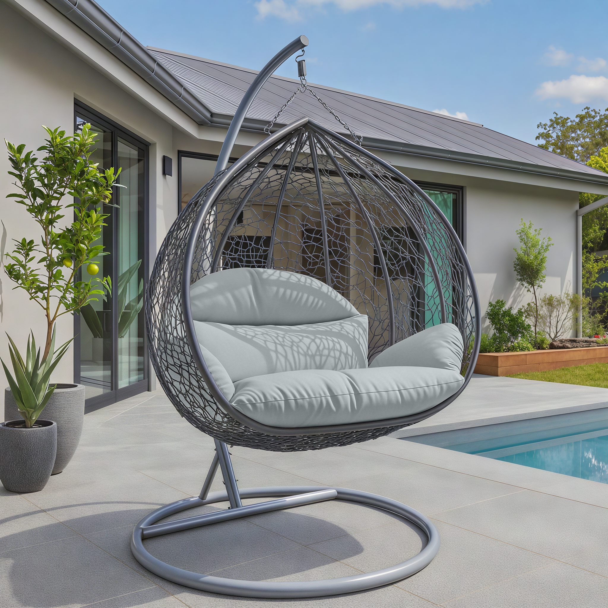 Recluse Modern Outdoor Egg Swing Chair Black/Brown/Grey Frame in Teardrop Design with ES57 Cushion