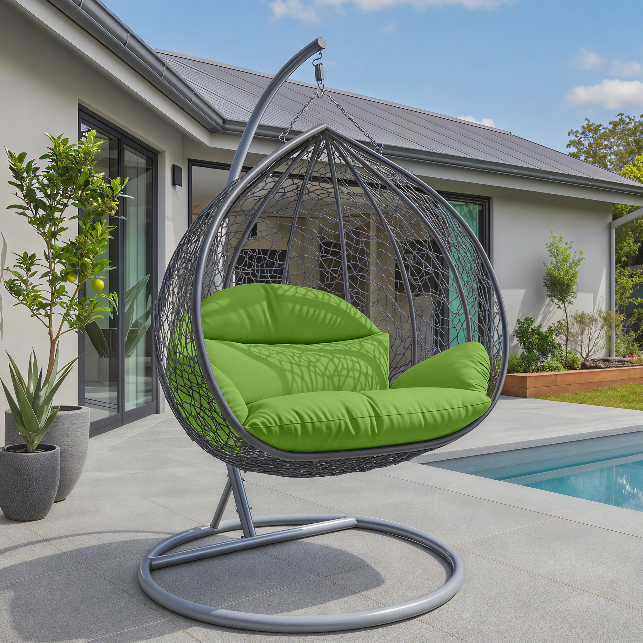 Recluse Modern Outdoor Egg Swing Chair Black/Brown/Grey Frame in Teardrop Design with ES57 Cushion