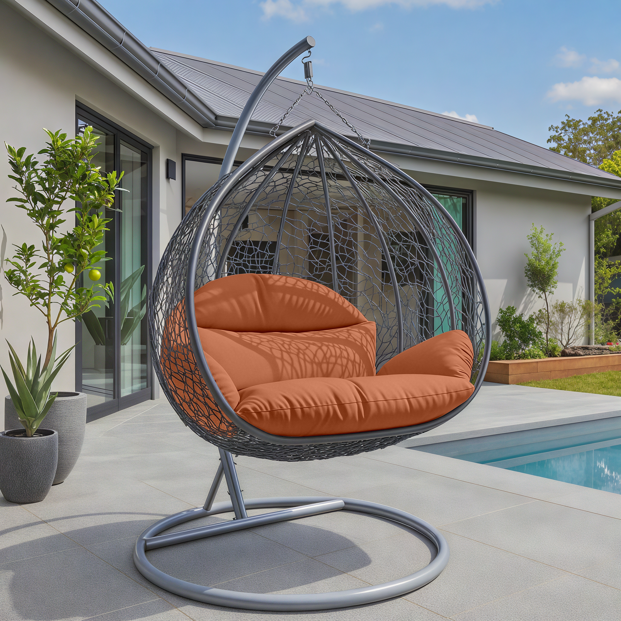 Recluse Modern Outdoor Egg Swing Chair Black/Brown/Grey Frame in Teardrop Design with ES57 Cushion