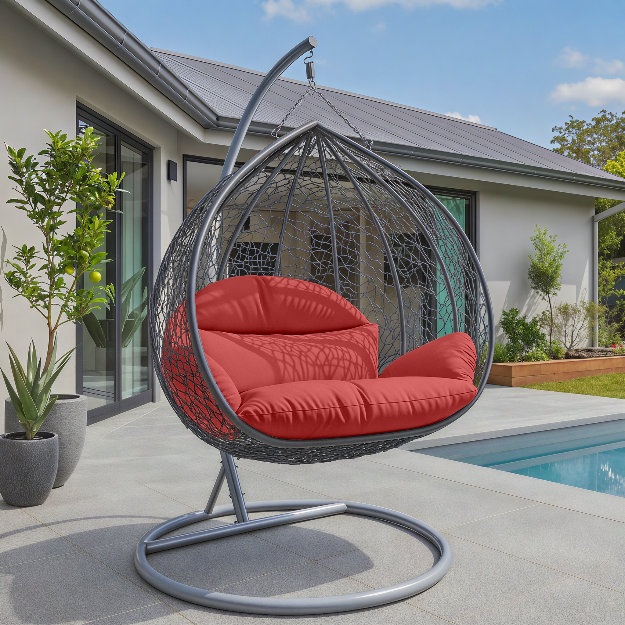 Recluse Modern Outdoor Egg Swing Chair Black/Brown/Grey Frame in Teardrop Design with ES57 Cushion