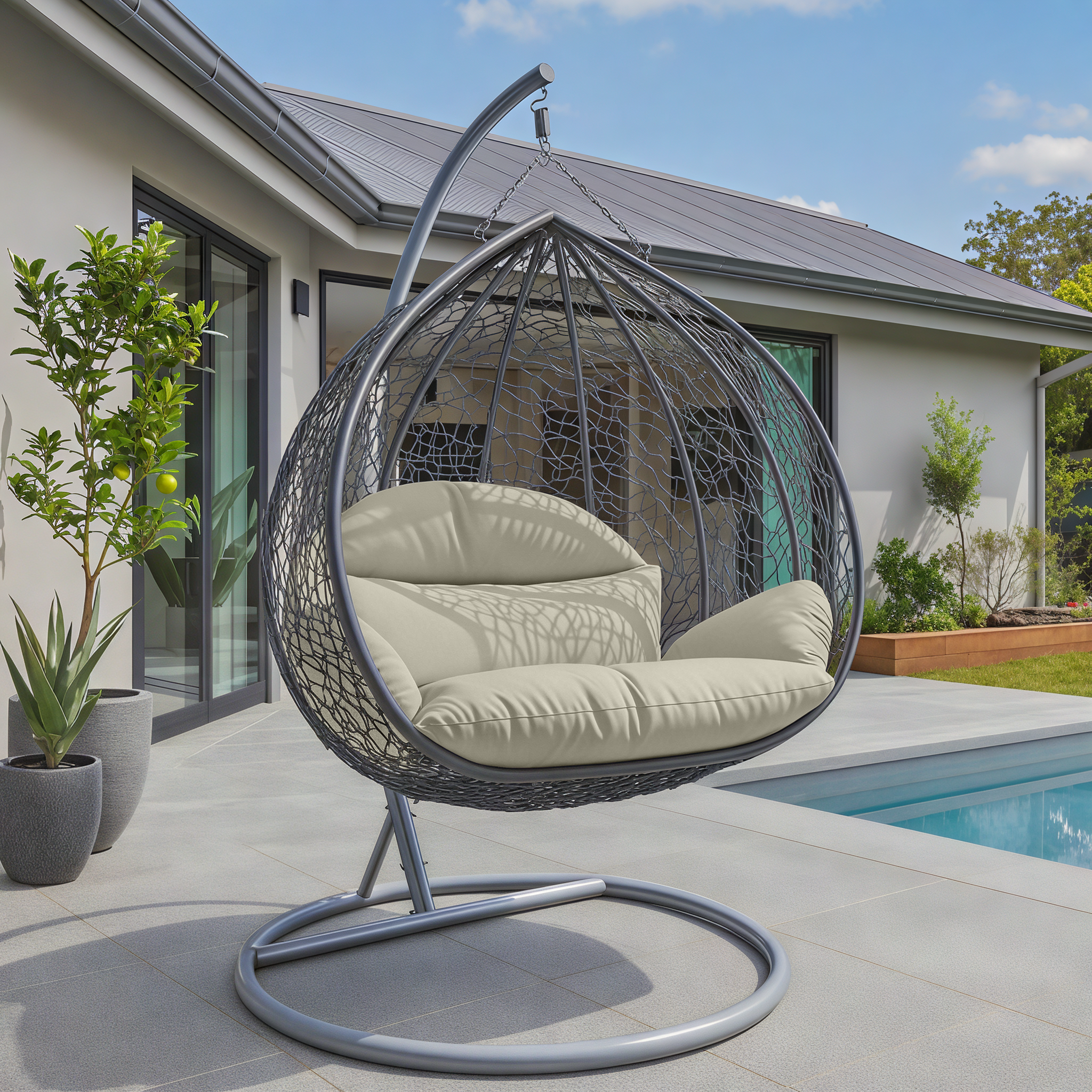 Recluse Modern Outdoor Egg Swing Chair Black/Brown/Grey Frame in Teardrop Design with ES57 Cushion