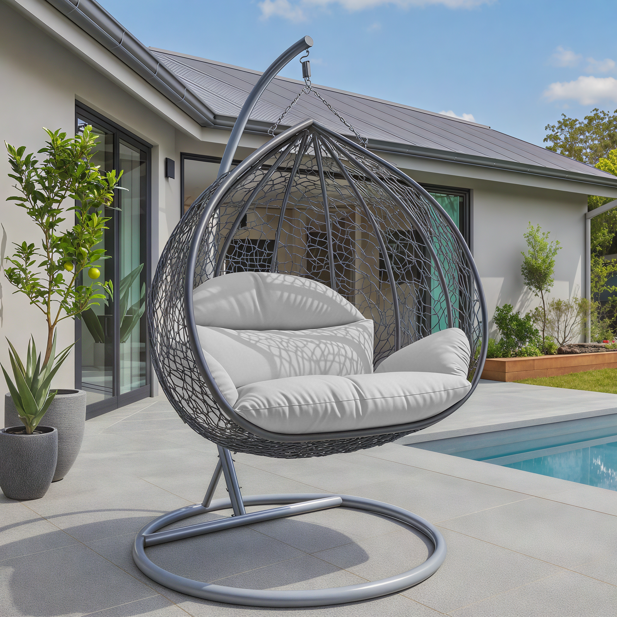 Recluse Modern Outdoor Egg Swing Chair Black/Brown/Grey Frame in Teardrop Design with ES57 Cushion