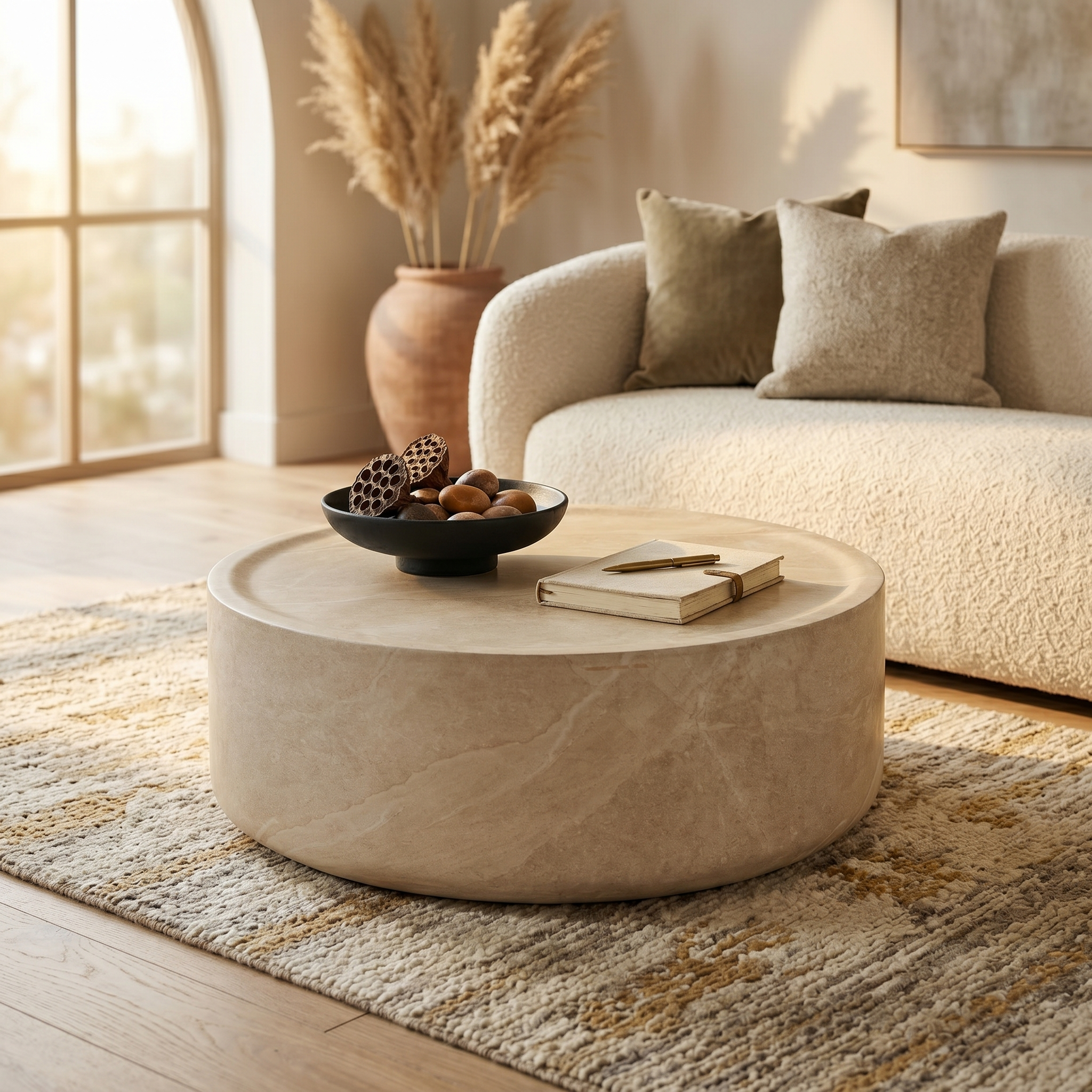 Sandy 32" Round Coffee Table, Travertine Finish, Fiberstone, Indoor/Outdoor