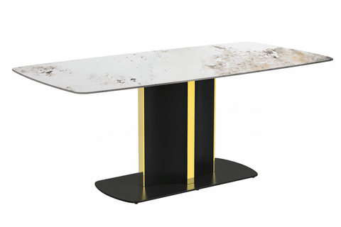 Sylva Rectangular Dining Table with Glass/Sintered Stone Tabletop in Black and Gold Steel Base