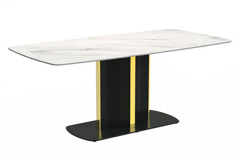 Sylva Rectangular Dining Table with Glass/Sintered Stone Tabletop in Black and Gold Steel Base