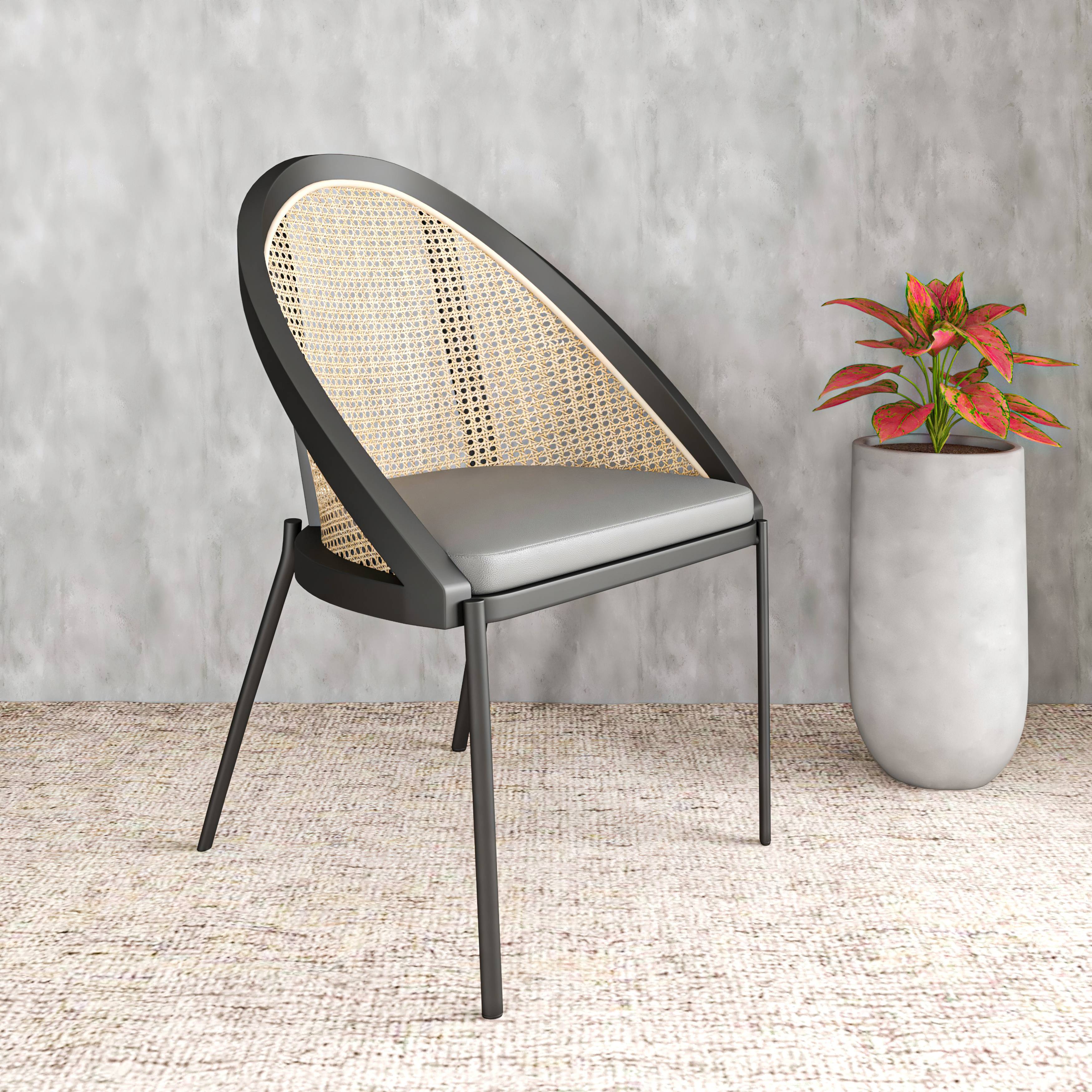 Urbane Dining Chair with Vinyl Fabric Seat and Wicker/Vinyl Backrest in Black Stainless Steel