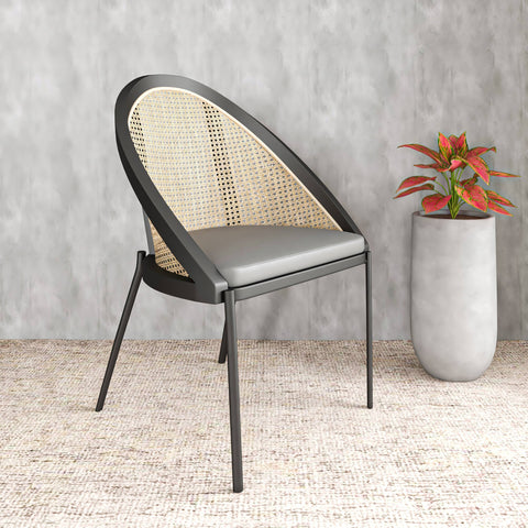 Urbane Dining Chair with Vinyl Fabric Seat and Wicker Backrest in Stainless Steel Legs Set of 4