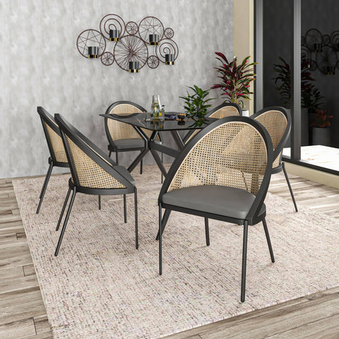 Urbane Dining Chair with Vinyl Fabric Seat and Wicker Backrest in Stainless Steel Legs Set of 4
