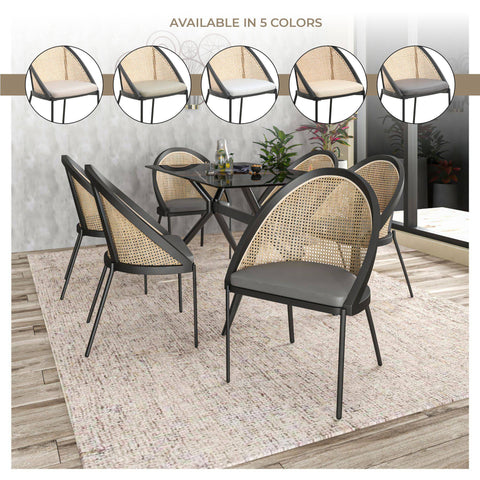 Urbane Dining Chair with Vinyl Fabric Seat and Wicker Backrest in Stainless Steel Legs Set of 4
