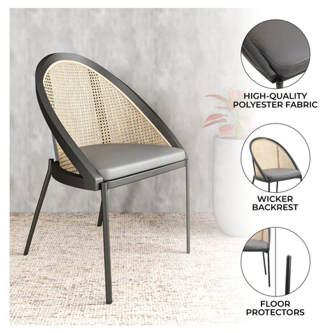 Urbane Dining Chair with Vinyl Fabric Seat and Wicker Backrest in Stainless Steel Legs Set of 4