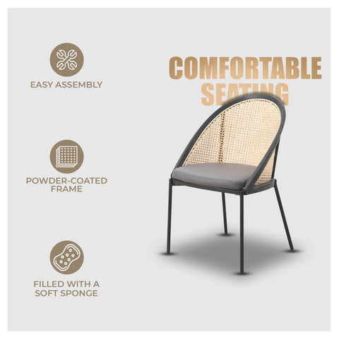 Urbane Dining Chair with Vinyl Fabric Seat and Wicker Backrest in Stainless Steel Legs Set of 4