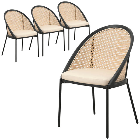 Urbane Dining Chair with Vinyl Fabric Seat and Wicker Backrest in Stainless Steel Legs Set of 4