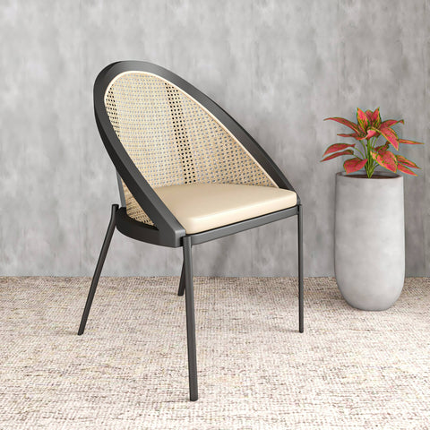 Urbane Dining Chair with Vinyl Fabric Seat and Wicker Backrest in Stainless Steel Legs Set of 4