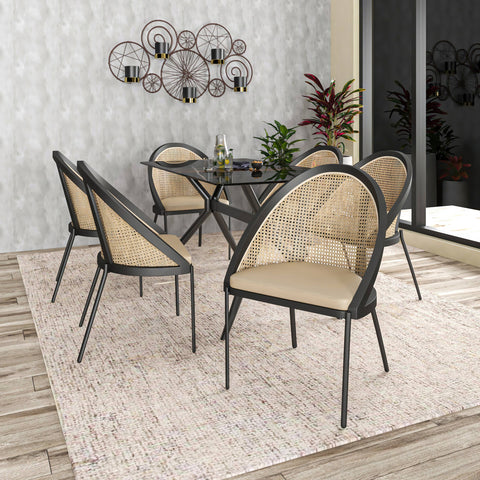 Urbane Dining Chair with Vinyl Fabric Seat and Wicker Backrest in Stainless Steel Legs Set of 4