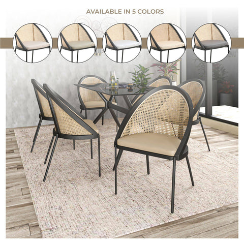 Urbane Dining Chair with Vinyl Fabric Seat and Wicker Backrest in Stainless Steel Legs Set of 4