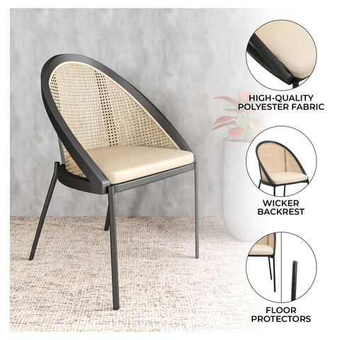 Urbane Dining Chair with Vinyl Fabric Seat and Wicker Backrest in Stainless Steel Legs Set of 4