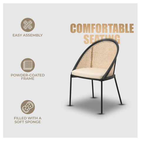 Urbane Dining Chair with Vinyl Fabric Seat and Wicker Backrest in Stainless Steel Legs Set of 4