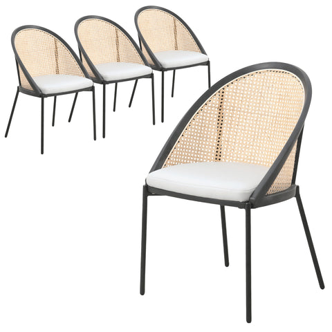 Urbane Dining Chair with Vinyl Fabric Seat and Wicker Backrest in Stainless Steel Legs Set of 4