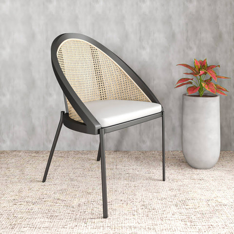 Urbane Dining Chair with Vinyl Fabric Seat and Wicker Backrest in Stainless Steel Legs Set of 4