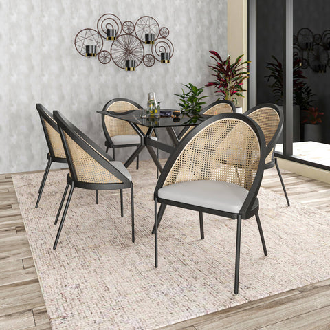Urbane Dining Chair with Vinyl Fabric Seat and Wicker Backrest in Stainless Steel Legs Set of 4