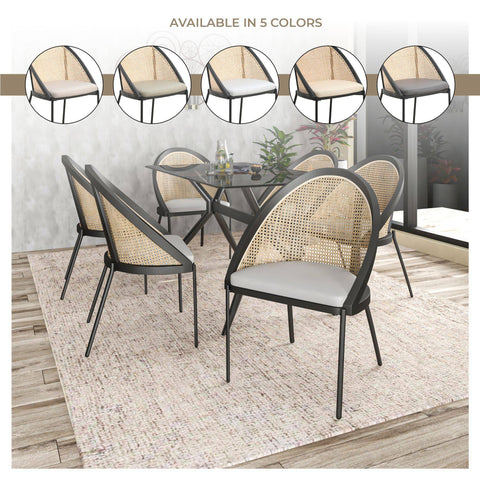 Urbane Dining Chair with Vinyl Fabric Seat and Wicker Backrest in Stainless Steel Legs Set of 4