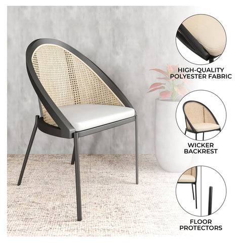 Urbane Dining Chair with Vinyl Fabric Seat and Wicker Backrest in Stainless Steel Legs Set of 4