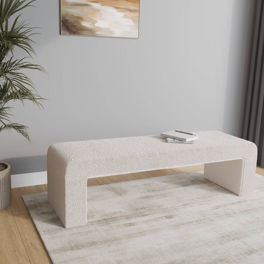 Vint 63" Wide Upholstered Bench in Boucle/Velvet with Curved Waterfall Design
