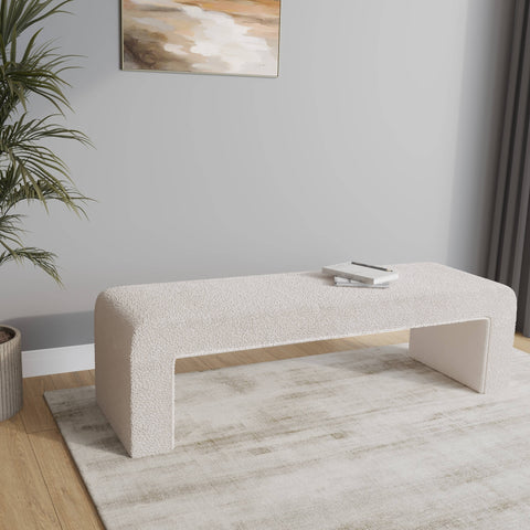 Vint 63" Wide Upholstered Bench in Boucle/Velvet with Curved Waterfall Design