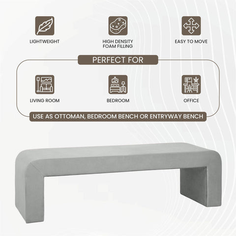 Vint 63" Wide Upholstered Bench in Boucle/Velvet with Curved Waterfall Design