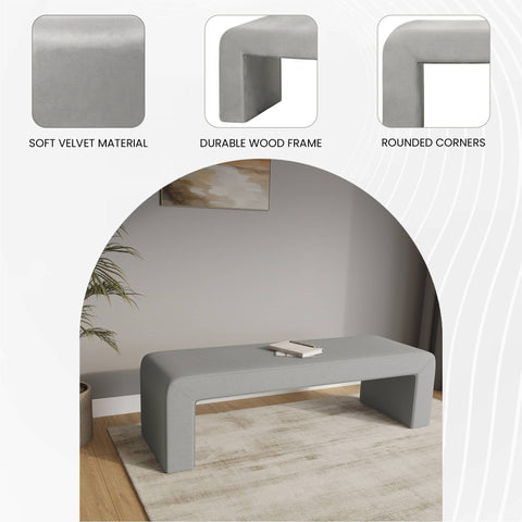Vint 63" Wide Upholstered Bench in Boucle/Velvet with Curved Waterfall Design