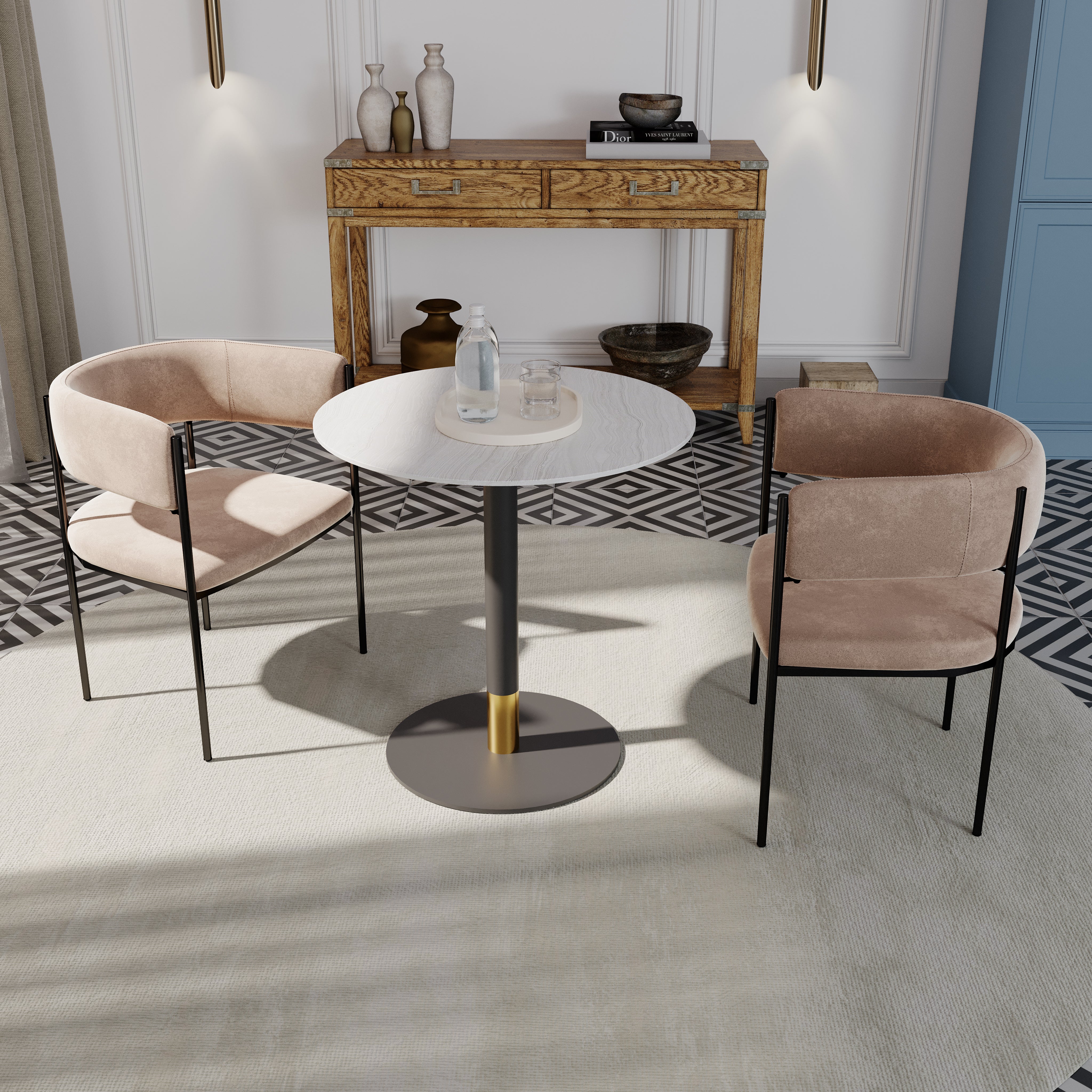 Vail Collection Dining Table Black/Gold Round Base With 27"/36" Round Sintered Stone and MDF Wood Top