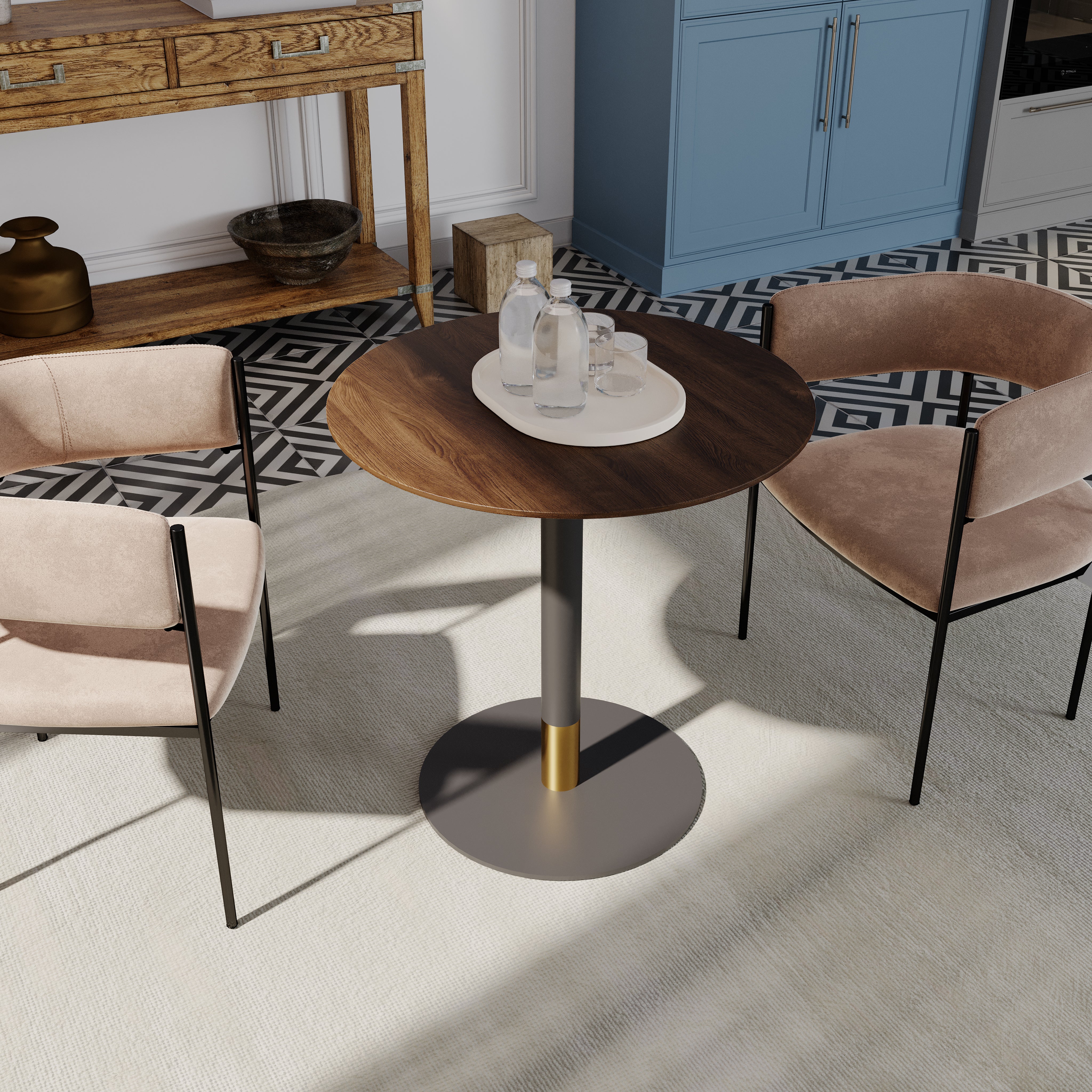 Vail Collection Dining Table Black/Gold Round Base With 27"/36" Round Sintered Stone and MDF Wood Top