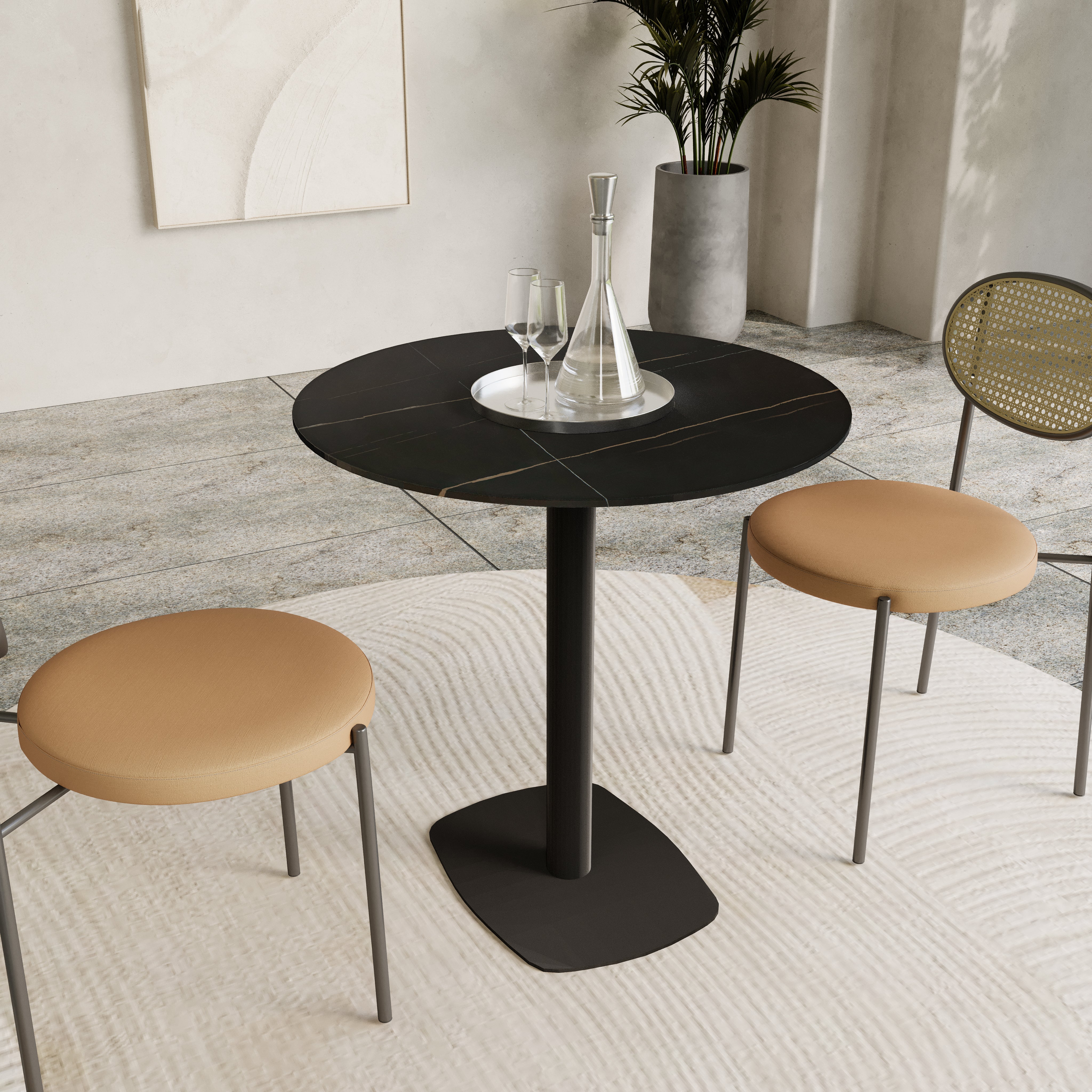 Vail Collection Dining Table Black Rectangle Base With 27"/36" Round Dark Brown MDF Wood/Sintered Stone Top