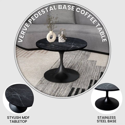 Verve Round Coffee Table with MDF/Resin/Sintered Stone Tabletop and Black Stainless Steel Base