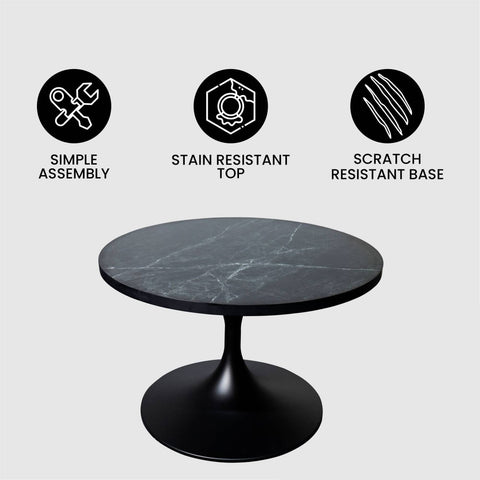Verve Round Coffee Table with MDF/Resin/Sintered Stone Tabletop and Black Stainless Steel Base
