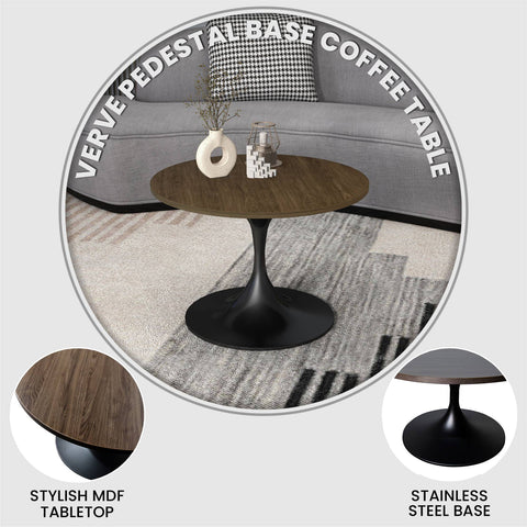 Verve Round Coffee Table with MDF/Resin/Sintered Stone Tabletop and Black Stainless Steel Base